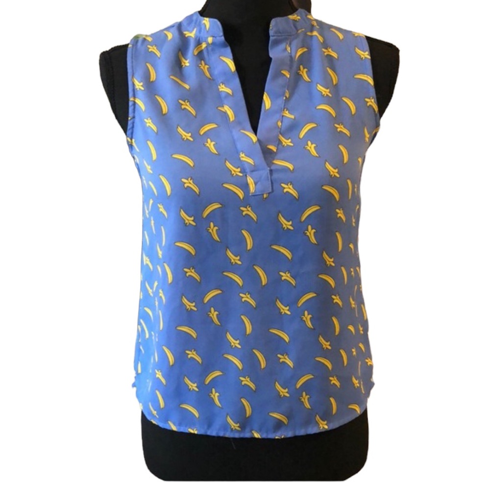 BONGO SLEEVELESS BANANA PRINT BLOUSE BLUE YELLOW SIZE XS